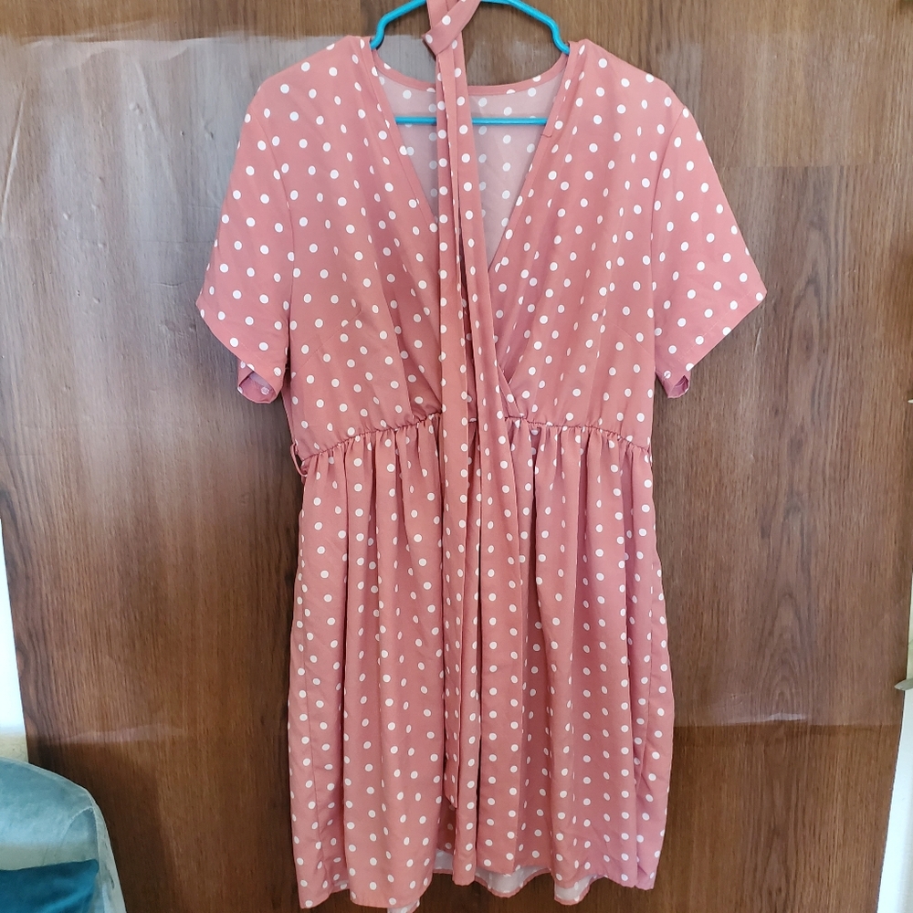 SHEIN CURVE Pink, white Polka Dot Dress with Tie